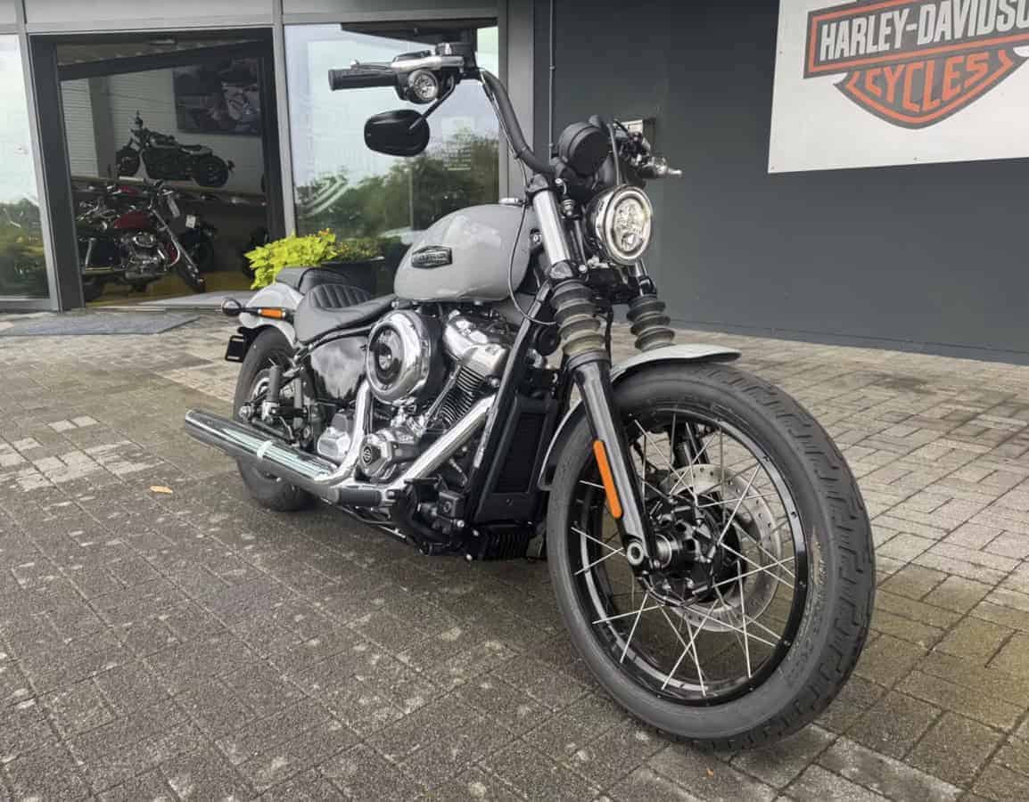 Graumotorcycle vor Harley-Davidson Store, stilvolle Harley-Davidson Softail Modelle, hochwertiges Bike-Design.